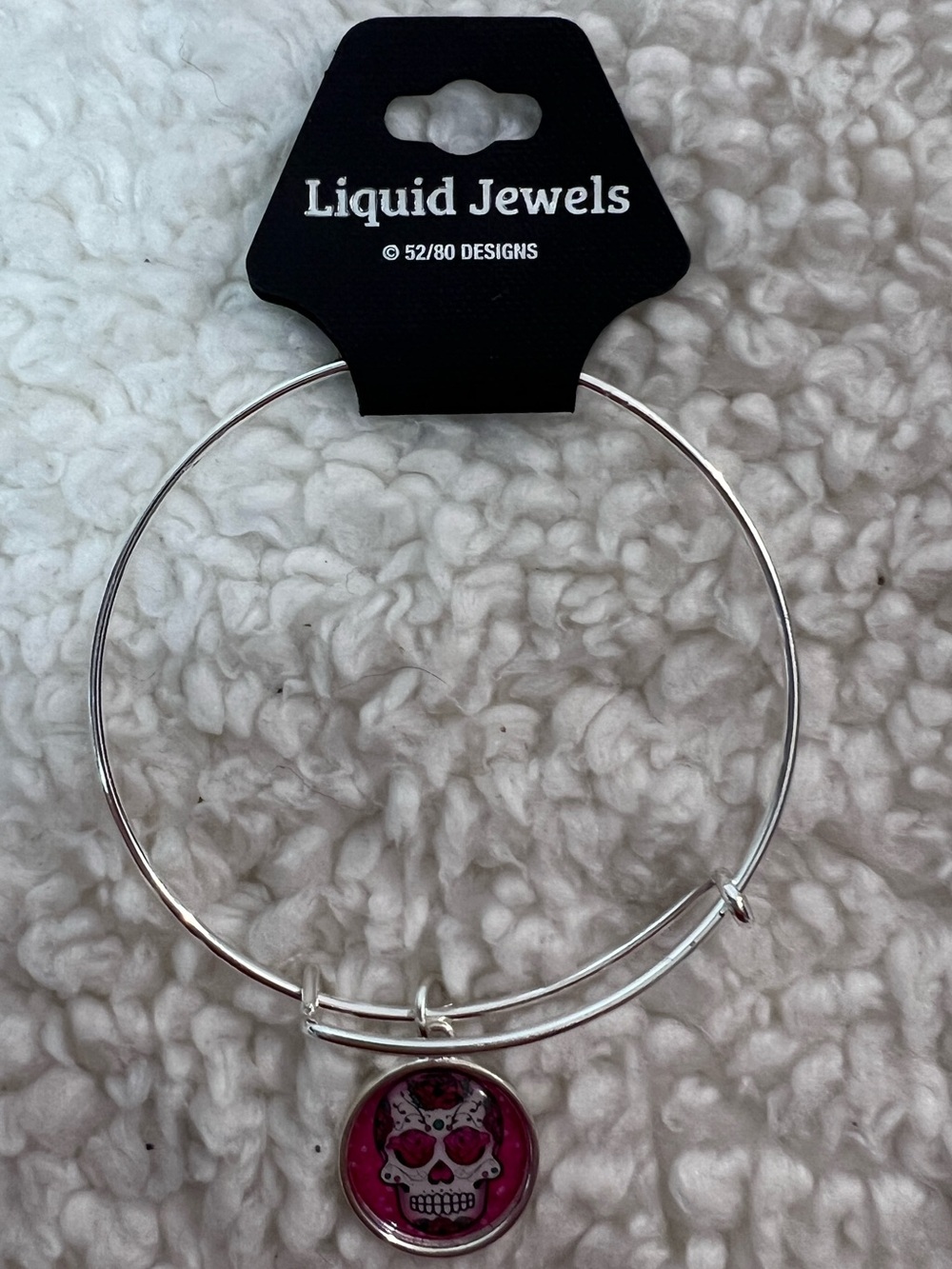 Liquid Jewels Sterling Silver Hoop Bangle Bracelet with Pink Sugar Skull Charm